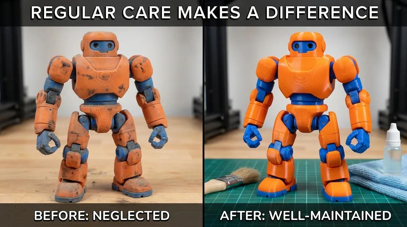 Before and after comparison of maintained versus neglected 3D printed toy