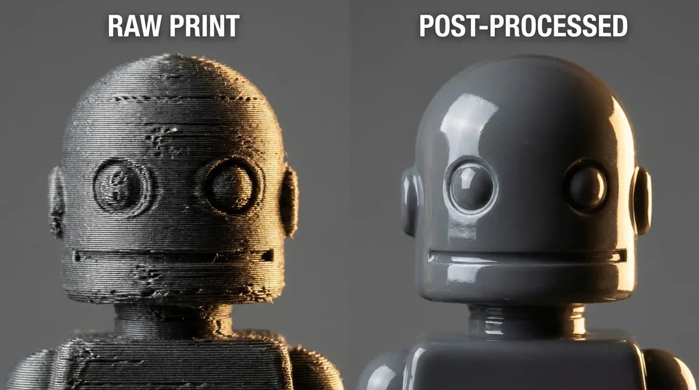Before and after comparison showing 3D printed toy surface with and without post-processing treatment