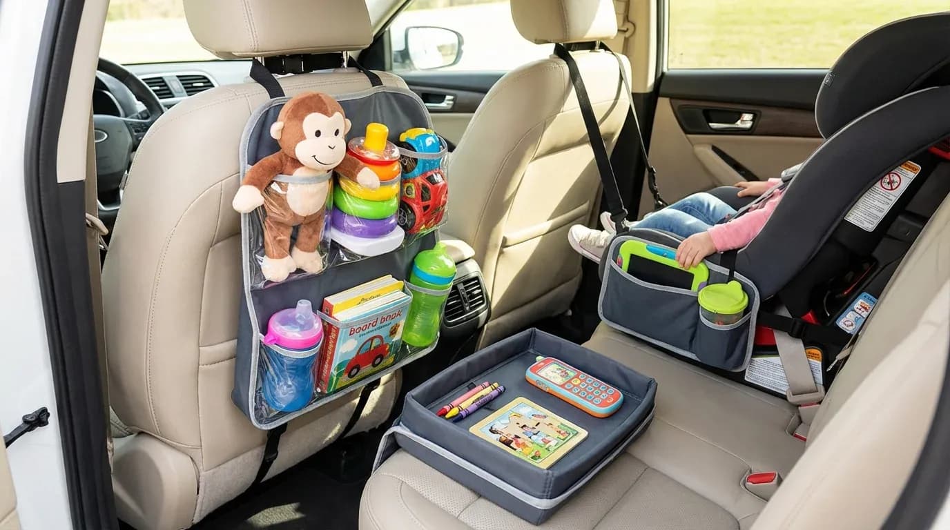 Car seat organizer and caddy showing practical toy storage solutions for toddlers