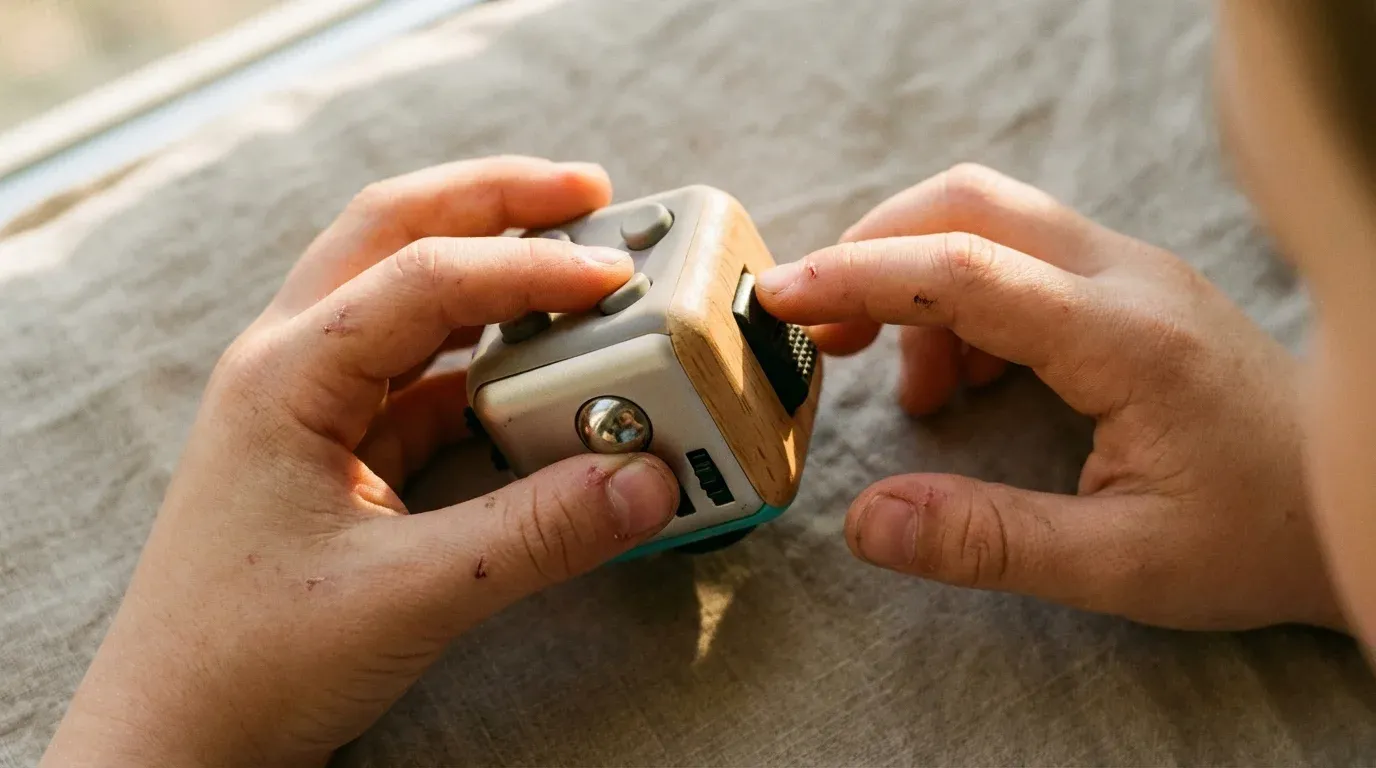 Child's hands engaging with a multi-textured fidget cube showing various tactile features