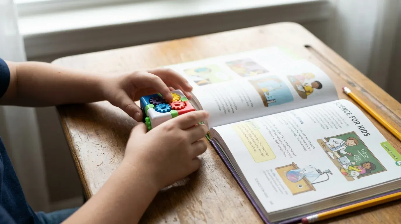 Child's hands using fidget cube while studying with textbook and pencil on desk