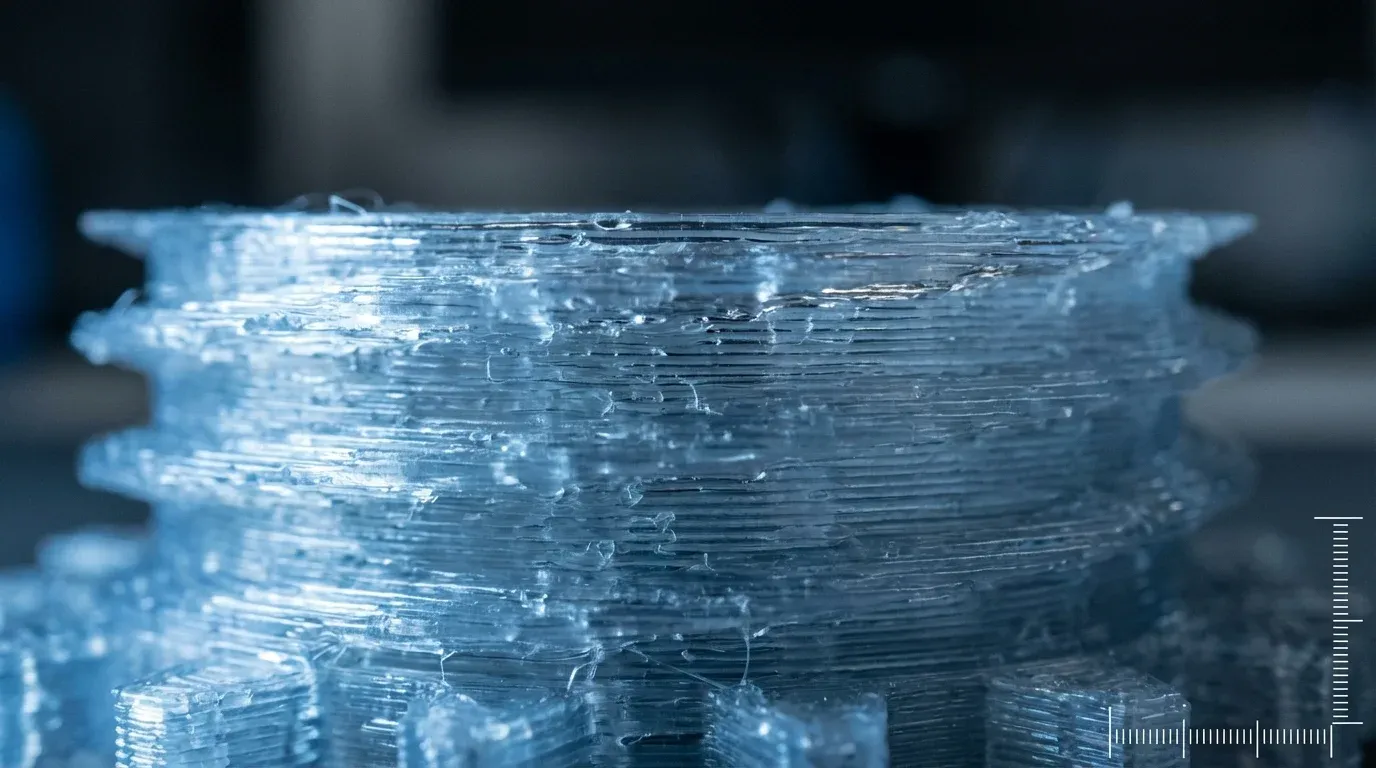 Close-up macro view of 3D printed surface showing layer lines and gaps where water can penetrate