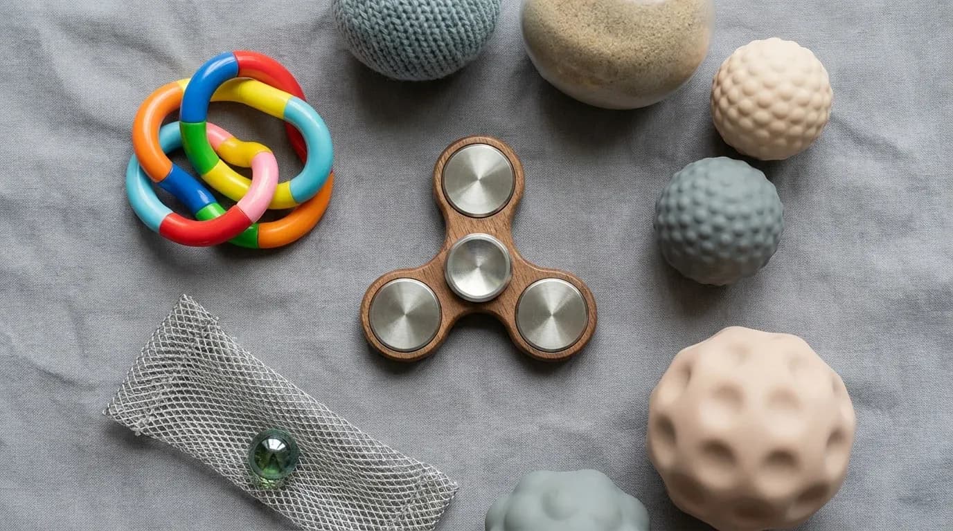 Collection of quiet fidget tools including tangles, silent spinners, and stress balls