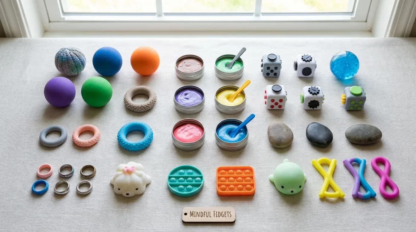 Collection of various ADHD-friendly fidget toys including stress balls, cubes, and textured items