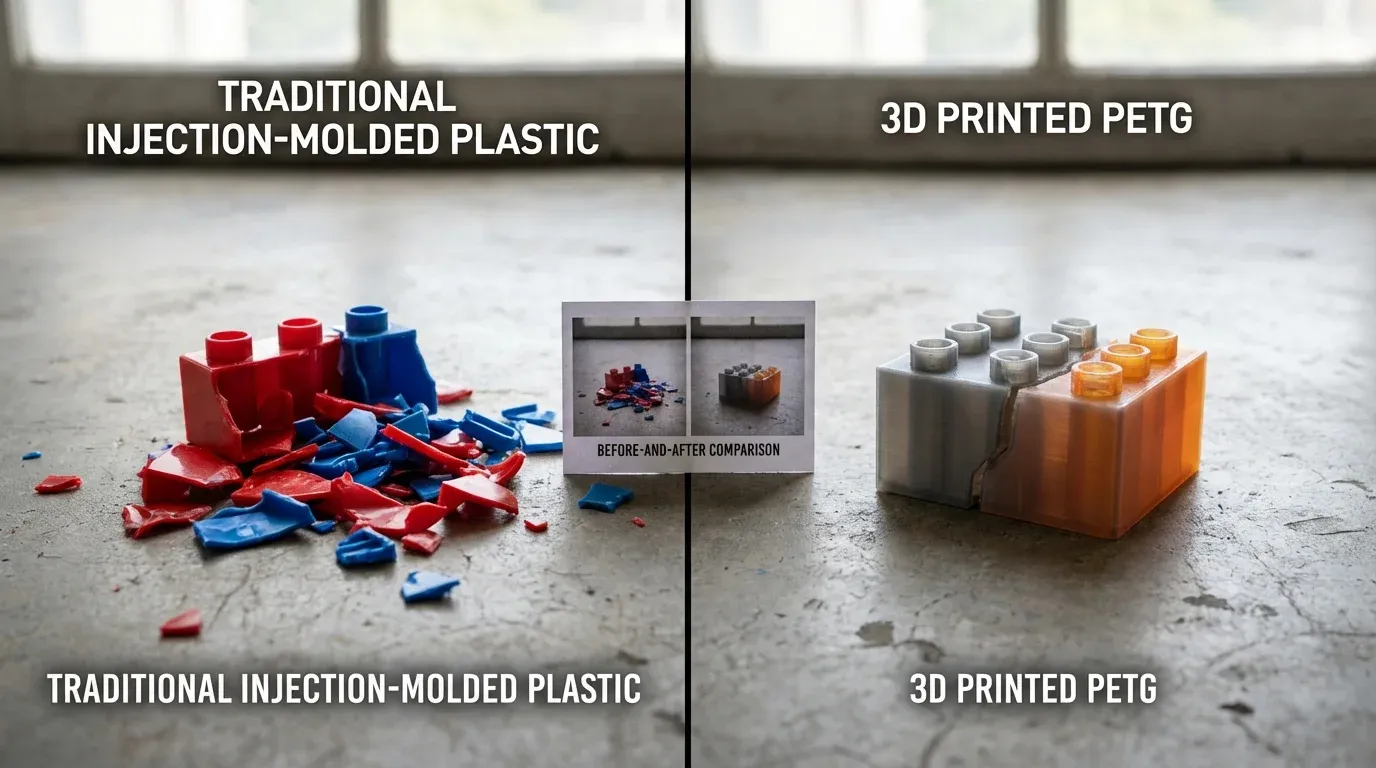 Comparison of broken traditional toy shattered completely versus 3D printed toy with controlled cracking