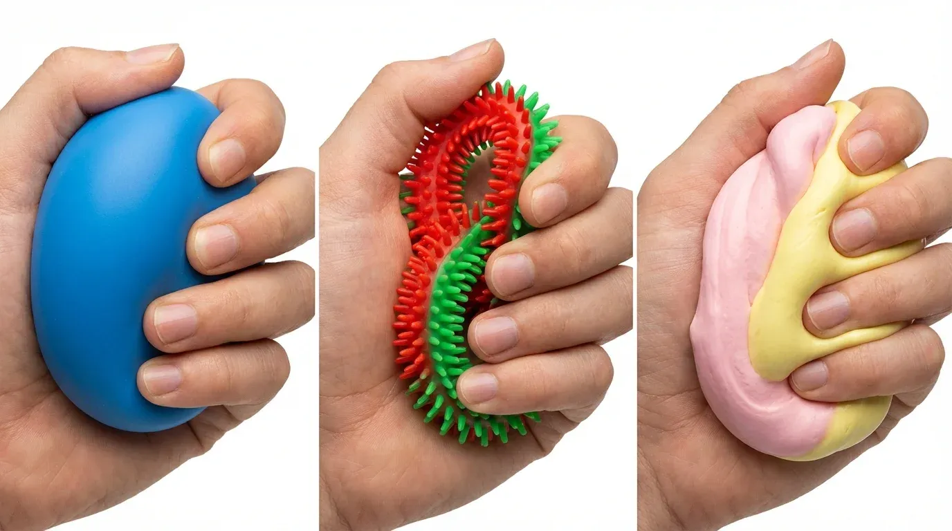 Comparison of different fidget toy textures: smooth ball, textured ring, and therapy putty