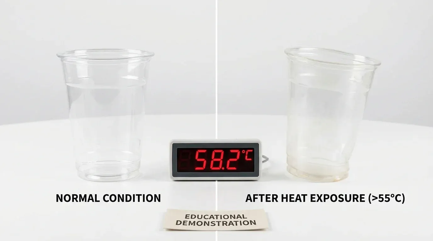 Comparison of normal PLA plastic cup versus heat-deformed PLA cup showing temperature sensitivity