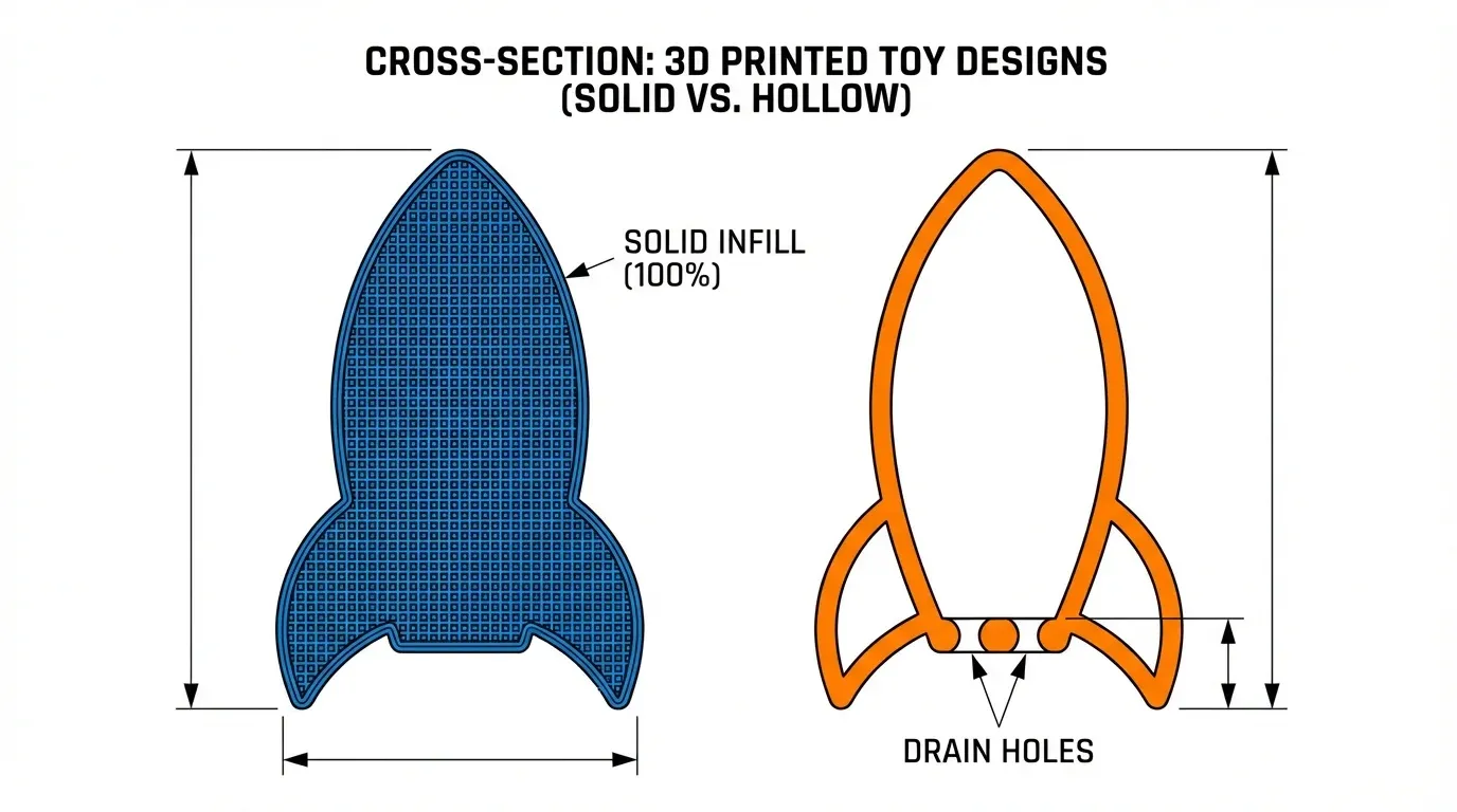 Cross-section comparison showing solid infill vs hollow design with drain holes in 3D printed toys