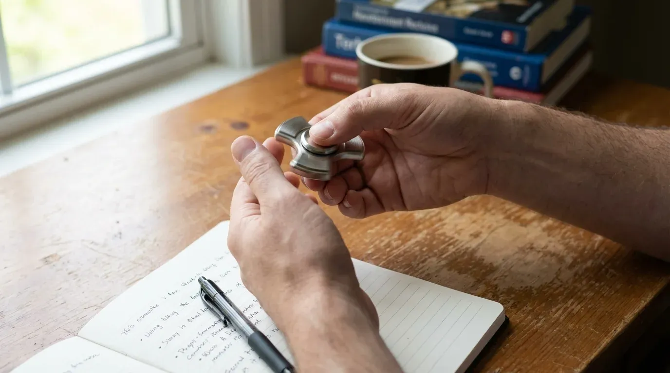 Hands using a fidget toy discreetly while studying, demonstrating focus-enhancing tools