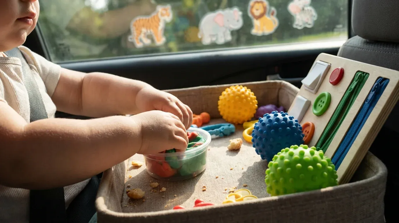 Multi-sensory car toys including tactile items and window clings for toddler engagement
