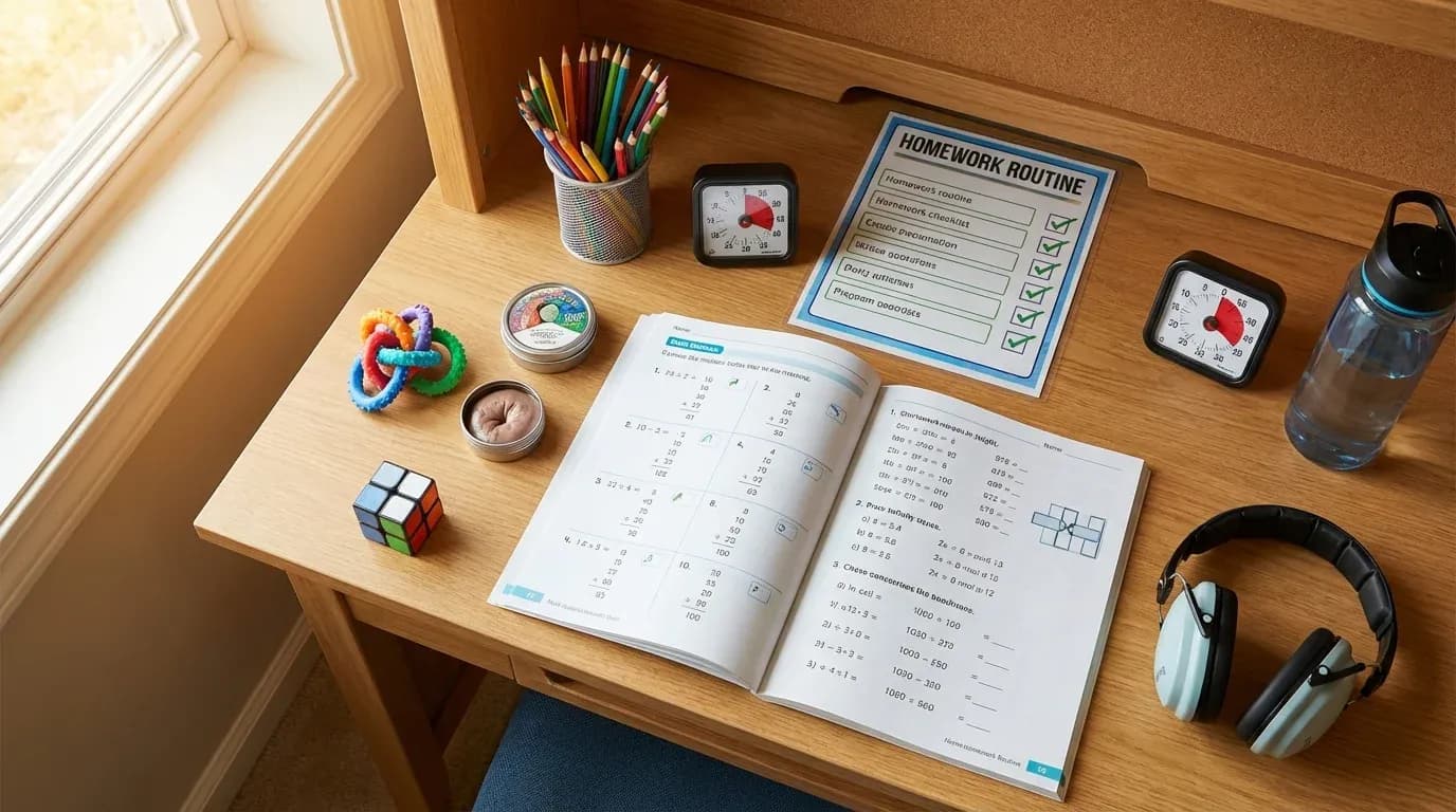 Organized homework station with fidget toys integrated into ADHD-friendly study setup
