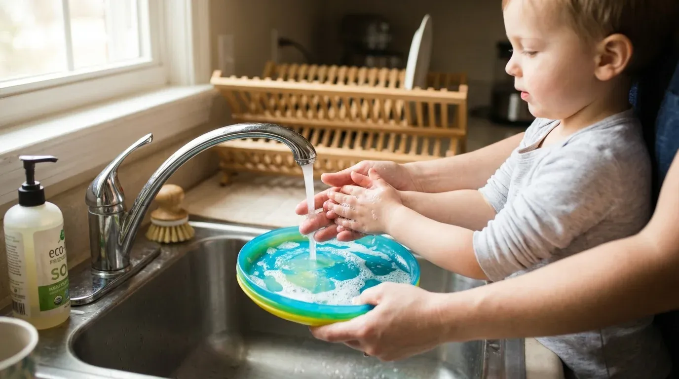 Parent and child hands gently hand-washing PLA plastic dishware in kitchen sink