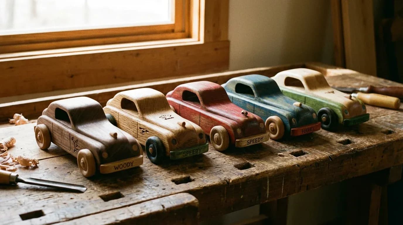 Row of handmade wooden toy cars showing unique natural variations in each artisan-crafted piece