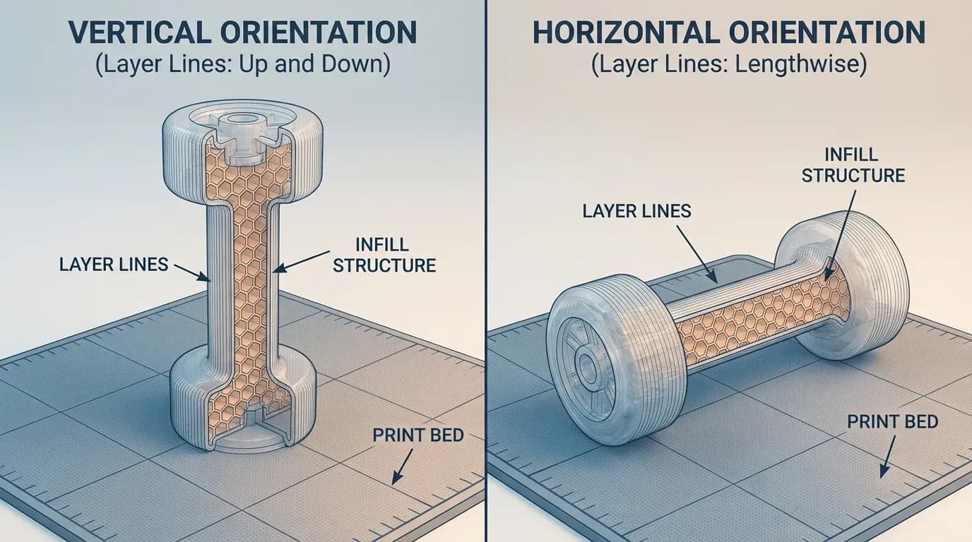 Side-by-side comparison of 3D print orientation showing vertical versus horizontal axle placement