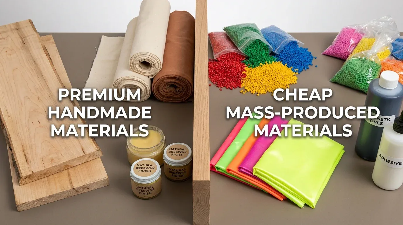 Side-by-side comparison of premium natural materials versus cheap synthetic toy-making materials