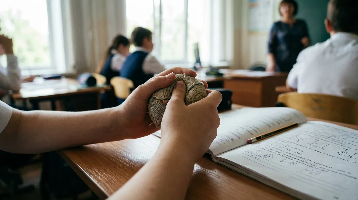 Student using approved fidget tool discretely during classroom lesson