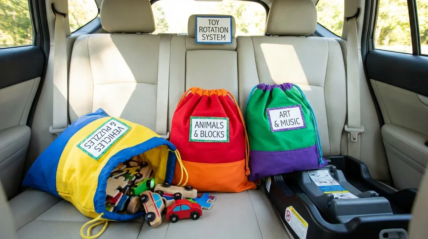 Themed toy bags for car trips showing rotation strategy to keep toddlers engaged
