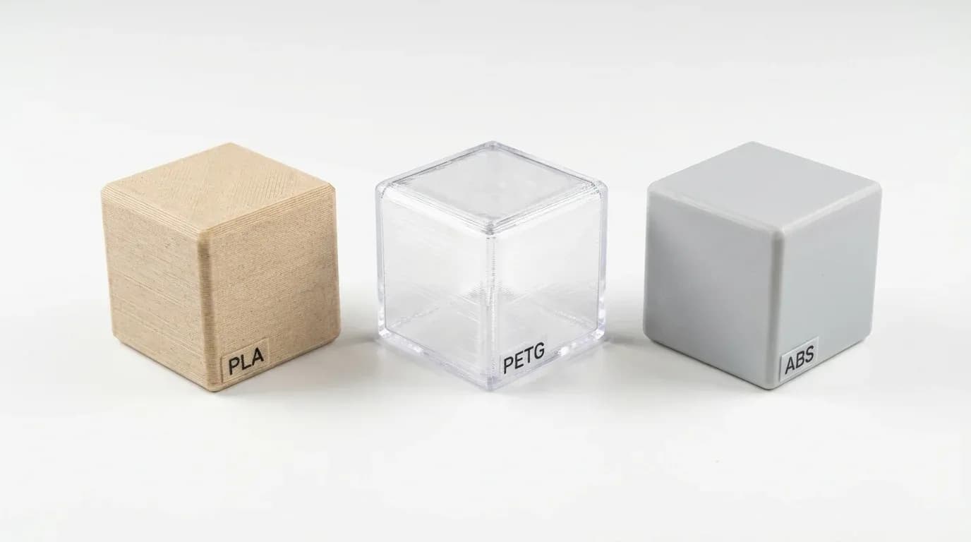Three 3D printed toy samples showing different filament materials: PLA, PETG, and ABS plastics