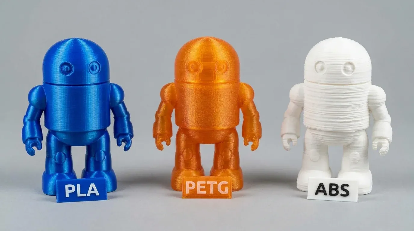 Three types of 3D printed materials - PLA, PETG, and ABS plastic toy samples