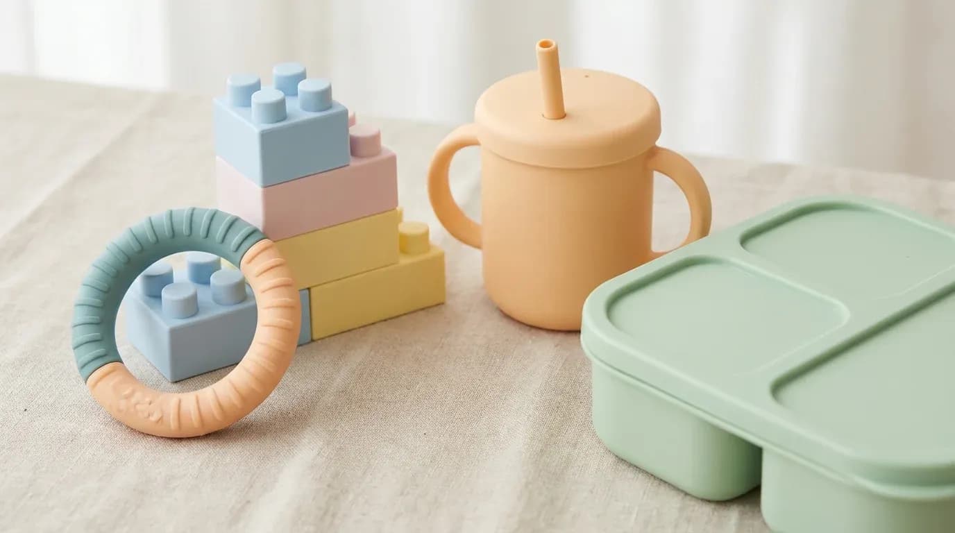 Various PLA plastic children's products including teething toys, blocks, and food containers