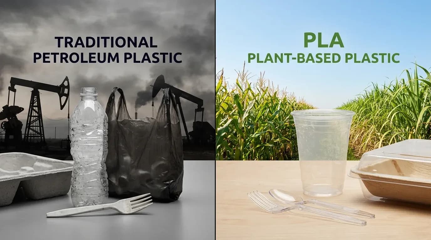 Visual comparison between traditional petroleum plastics and plant-based PLA plastic materials