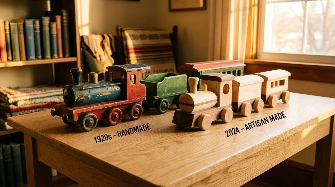 Well-worn vintage wooden train set demonstrating durability and longevity of handmade toys